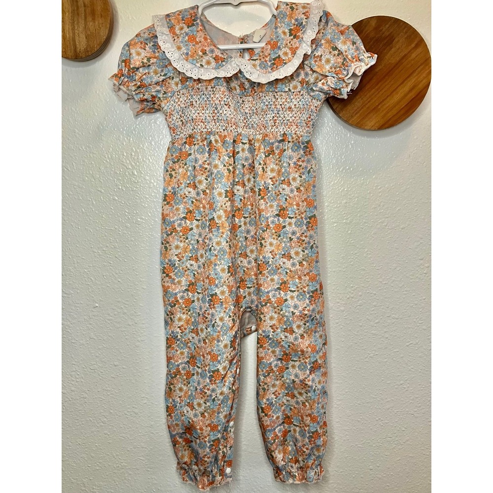 SHEIN Fall Floral Smocked Romper with Lace Collar